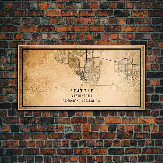 Old Seattle City Map Wall Art Canvas Print, Vintage Style Seattle Map, Framed Wall Art, Cool Seattle Washington Wall Art, Office Decor