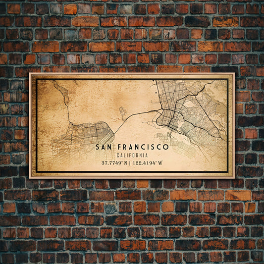 Old San Francisco City Map Wall Art Canvas Print, Vintage Style San Francisco Map, Framed Wall Art, Cool California Wall Art, Office Decor