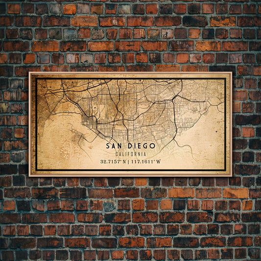 Old San Diego City Map Wall Art Canvas Print, Vintage Style San Diego Map, Framed Wall Art, Cool San Diego California Wall Art, Office Decor