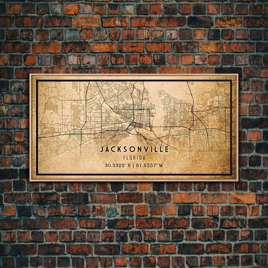 Old Jacksonville City Map Wall Art Canvas Print, Vintage Style Jacksonville Map, Framed Wall Art, Cool Jacksonville Wall Art, Office Decor