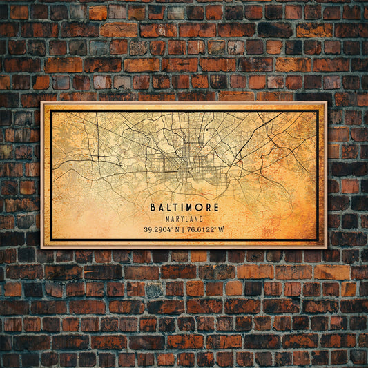 Old Baltimore City Map Wall Art Canvas Print, Vintage Style Baltimore Map, Framed Wall Art, Cool Baltimore Maryland Wall Art, Office Decor