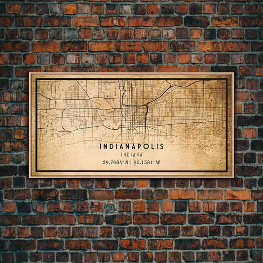 Old Indianapolis City Map Wall Art Canvas Print, Vintage Style Indianapolis Map, Framed Wall Art, Cool Indiana  Wall Art, Office Decor