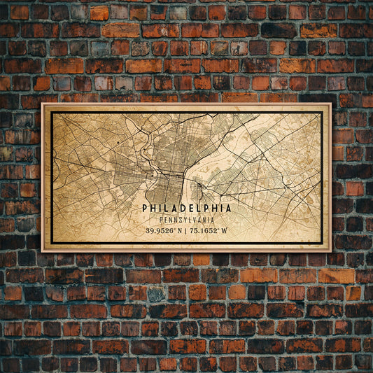 Old Philadelphia City Map Wall Art Canvas Print, Vintage Style Philadelphia Map, Framed Wall Art, Cool Pennsylvania Wall Art, Office Decor