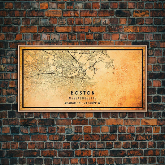 Old Boston City Map Wall Art Canvas Print, Vintage Style Boston Map, Framed Wall Art, Cool Boston Massachusetts Wall Art, Office Decor