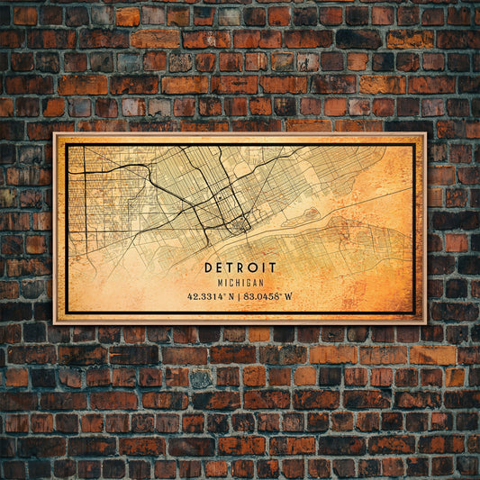 Old Detroit City Map Wall Art Canvas Print, Vintage Style Detroit Map, Framed Wall Art, Cool Detroit Michigan Wall Art, Office Decor
