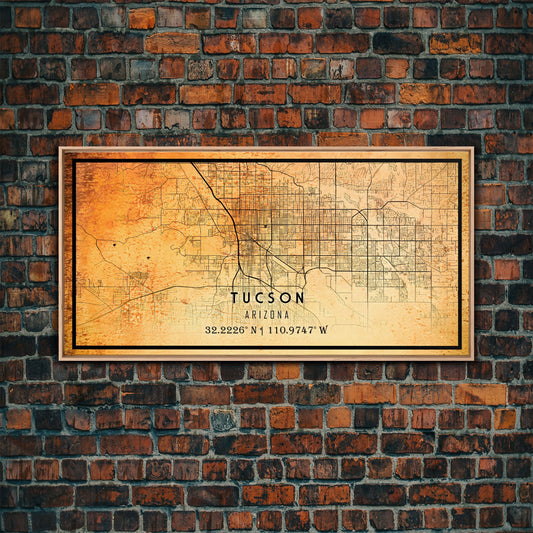 Old Tucson City Map Wall Art Canvas Print, Vintage Style Tucson Map, Framed Wall Art, Cool Tucson Arizona Wall Art, Office Decor