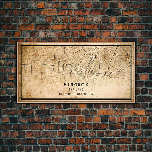 Old Bangkok City Map Wall Art Canvas Print, Vintage Style Bangkok Map, Framed Wall Art, Cool Bankok Thailand Wall Art, Office Decor