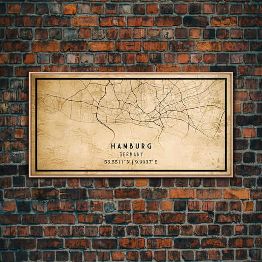 Old Hamburg Germany City Map Wall Art Canvas Print, Vintage Style Hamburg Map, Framed Wall Art, Cool Hamburg Wall Art, Office Art