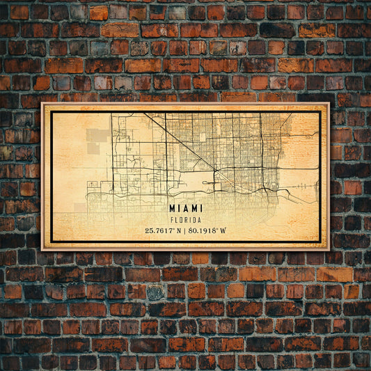 Vintage MIAMI FL Map Art Wall Decor, Framed Canvas, City Map Miami Florida, Art Print Poster, Whimsical Illustration, Distressed Travel Art