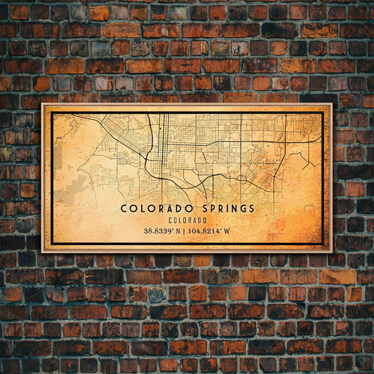 Vintage Style Colorado Springs Map Wall Art, Stretched Canvas or Poster, Office Decor, Colorado Wall Art, Distressed Map Decor