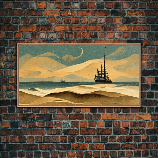 Art deco canvas print, pirate ship at sea beyond the sand dunes, living room wall art