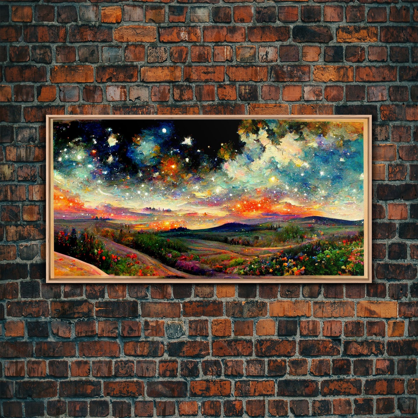 Night Starry Sky Landscape Framed Canvas Print, Colorful Night Sky Painting Nature Painting Living Room Wall Art Spiritual Starry Painting