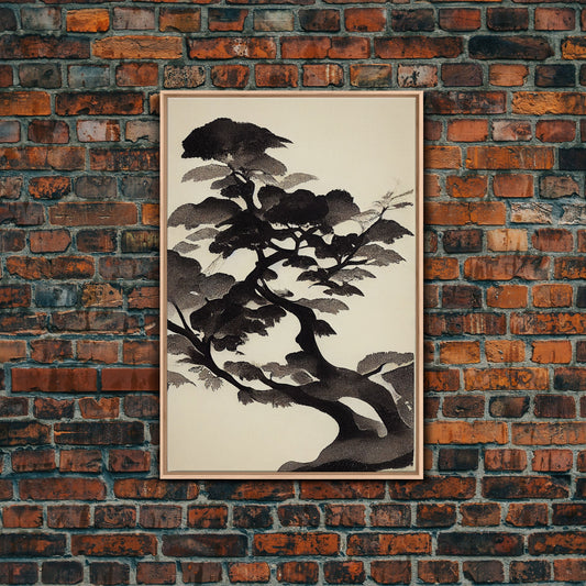 Black and White Japanese Maple Tree, Framed Canvas Print, Ready To Hang Framed Wall Art, Living Room Wall Hanging