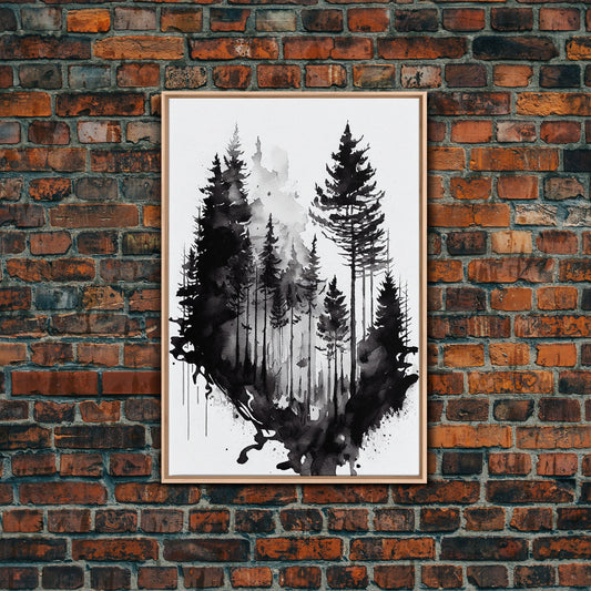 Mysterious Black and White Forest Watercolor Canvas Print - Nature Wall Art Home Decor Artwork