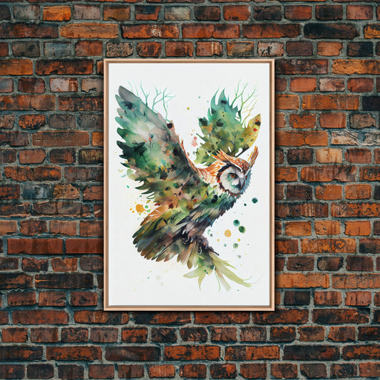 Owl made of leaves, watercolor of an owl flying, framed canvas print, farmhouse wall decor, Fall Decor, Fall Wall Art