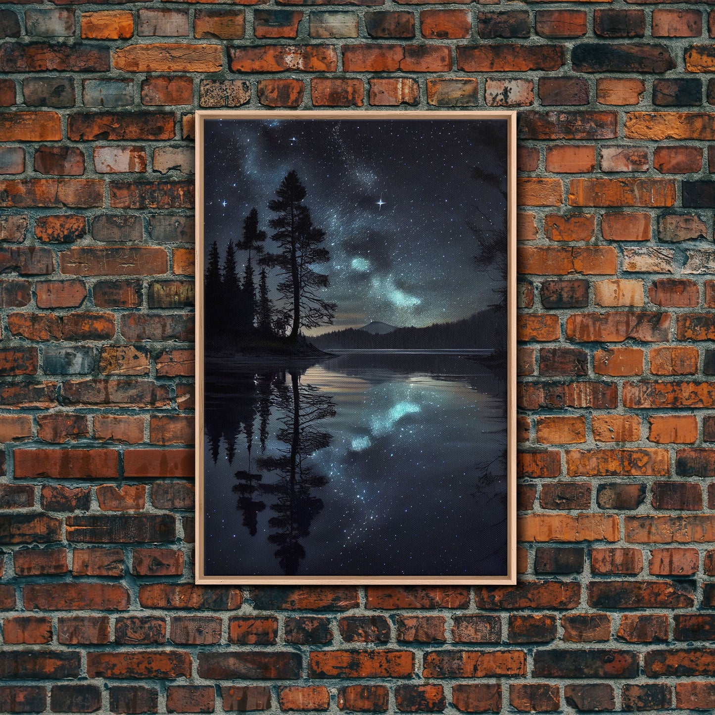 Reflections of a starry night sky over the lake, lakehouse art, beautiful framed canvas print