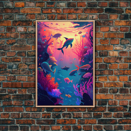 80s Vibe Under The Sea Coral Reef Art, framed canvas print, fish and reef art