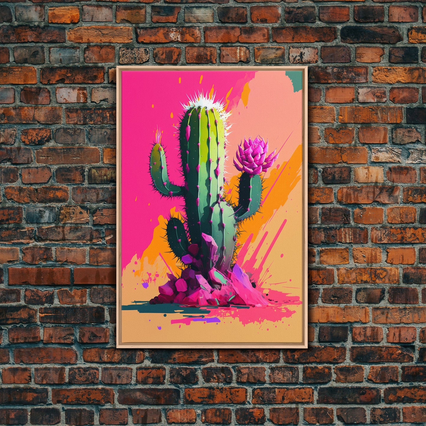 Pop Art Mexico Cactus Art, Synthwave Pink Art, Framed Canvas Print, Southwest Saguaro Cactus Succulent Art, Western Decor