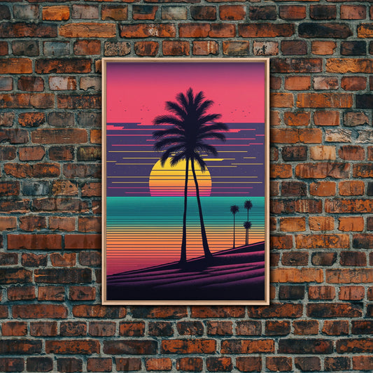Framed Canvas Print | Synthwave Sunset with Palm Trees | Home Decor | Ready to Hang | Retro Style Decor