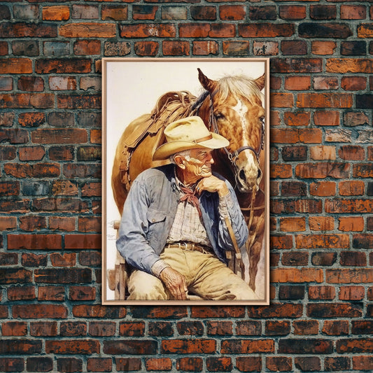 Old Cowboy Painting Canvas Print | Vintage Wall Art | Mid Century Decor | Antique Oil Painting | Moody Print | JC Leyendecker Inspired