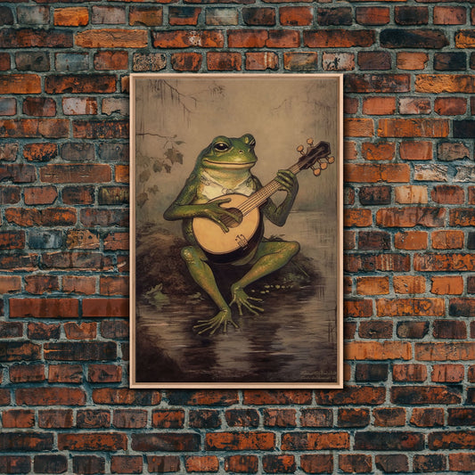 The Banjo Toad, Frog Playing A Banjo In The Moonlight, Vintage Canvas Print or Poster, Funny Frog Art, Retro Art, Vintage Print