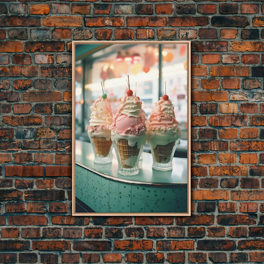 A Strawberry Sunday Kitchen Decor, Ice Cream Art, Framed Canvas Print, Ice Cream Parlor Decor, Icecream Shop Wall Art, MCM Style Decor