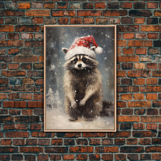 Cute Christmas Raccoon In A Santa Hat, Christmas Art, Christmas Decor, Christmas Wall Art, Farmhouse Christmas, Vintage Christmas Raccoon