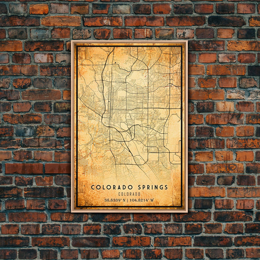 Vintage Style Colorado Springs Map Wall Art, Stretched Canvas or Poster, Office Decor, Colorado Wall Art, Distressed Map Decor
