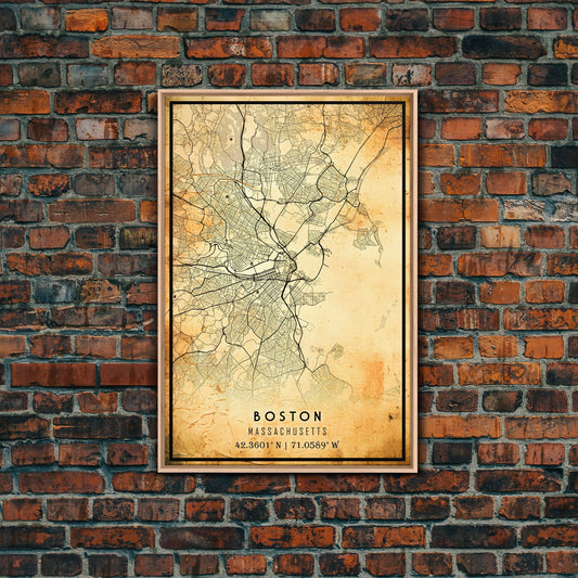 Old Boston City Map Wall Art Canvas Print, Vintage Style Boston Map, Framed Wall Art, Cool Boston Massachusetts Wall Art, Office Decor