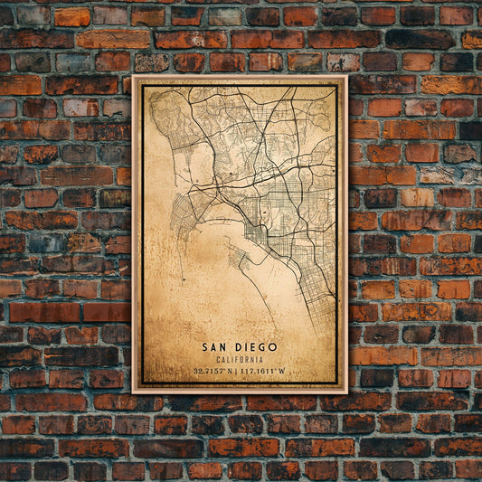 Old San Diego City Map Wall Art Canvas Print, Vintage Style San Diego Map, Framed Wall Art, Cool San Diego California Wall Art, Office Decor