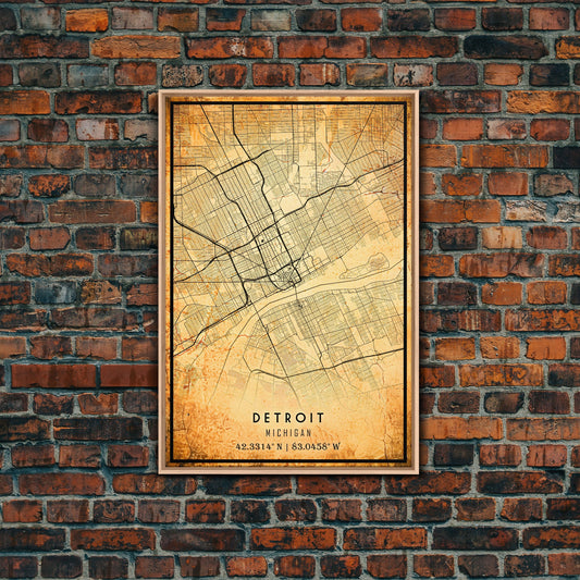 Old Detroit City Map Wall Art Canvas Print, Vintage Style Detroit Map, Framed Wall Art, Cool Detroit Michigan Wall Art, Office Decor