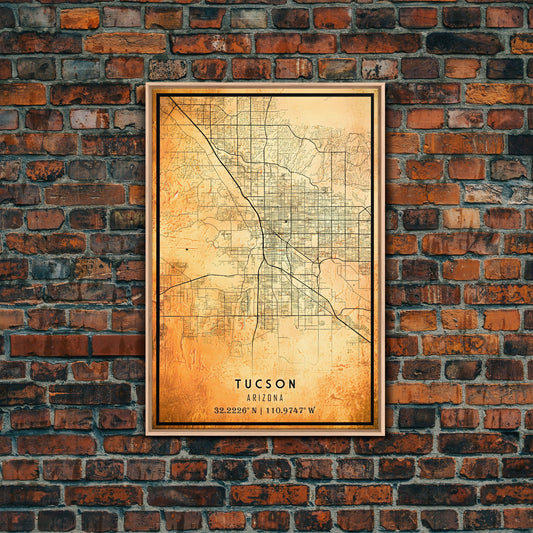Old Tucson City Map Wall Art Canvas Print, Vintage Style Tucson Map, Framed Wall Art, Cool Tucson Arizona Wall Art, Office Decor