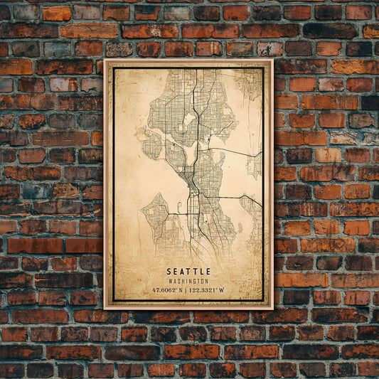 Old Seattle City Map Wall Art Canvas Print, Vintage Style Seattle Map, Framed Wall Art, Cool Seattle Washington Wall Art, Office Decor
