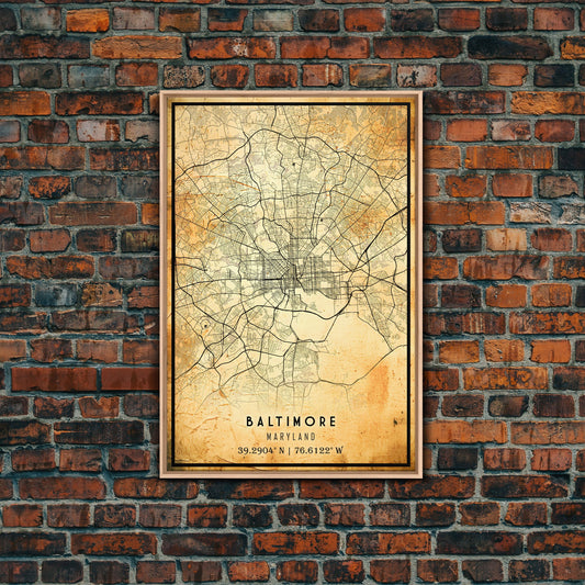 Old Baltimore City Map Wall Art Canvas Print, Vintage Style Baltimore Map, Framed Wall Art, Cool Baltimore Maryland Wall Art, Office Decor