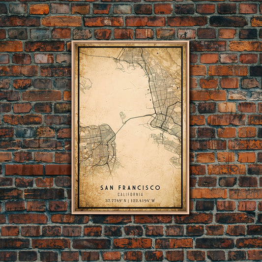 Old San Francisco City Map Wall Art Canvas Print, Vintage Style San Francisco Map, Framed Wall Art, Cool California Wall Art, Office Decor