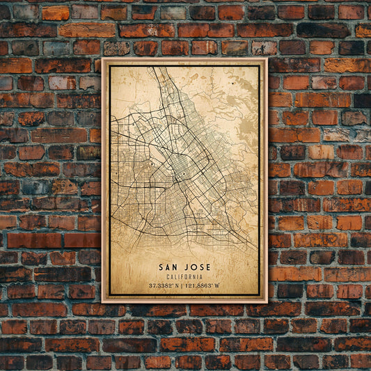 Old San Jose City Map Wall Art Canvas Print, Vintage Style San Jose Map, Framed Wall Art, Cool San Jose California Wall Art, Office Decor