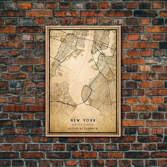 Old New York City Map Wall Art Canvas Print, Vintage Style New York City Map, Framed Wall Art, Cool NYC New York Wall Art, Office Decor