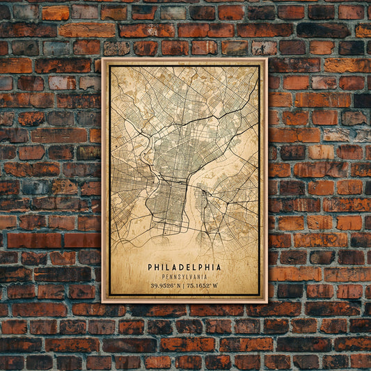 Old Philadelphia City Map Wall Art Canvas Print, Vintage Style Philadelphia Map, Framed Wall Art, Cool Pennsylvania Wall Art, Office Decor
