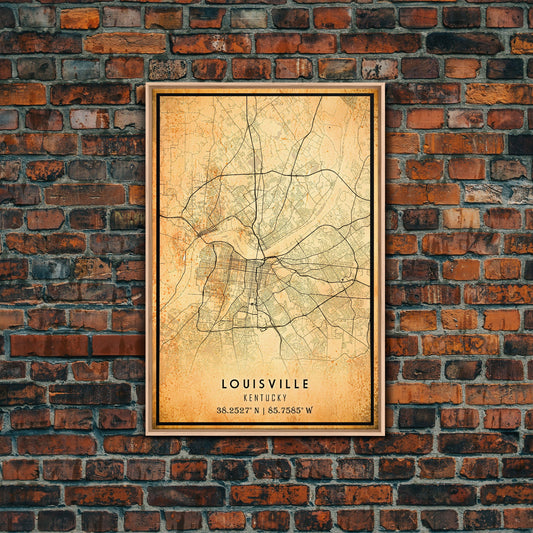 Old Louisville City Map Wall Art Canvas Print, Vintage Style Louisville Map, Framed Wall Art, Cool Kentucky Wall Art, Office Decor
