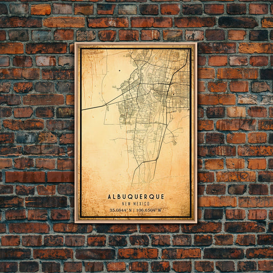 Old Albuquerque City Map Wall Art Canvas Print, Vintage Style Albuquerque Map, Framed Wall Art, Cool Albuquerque Wall Art, Office Decor