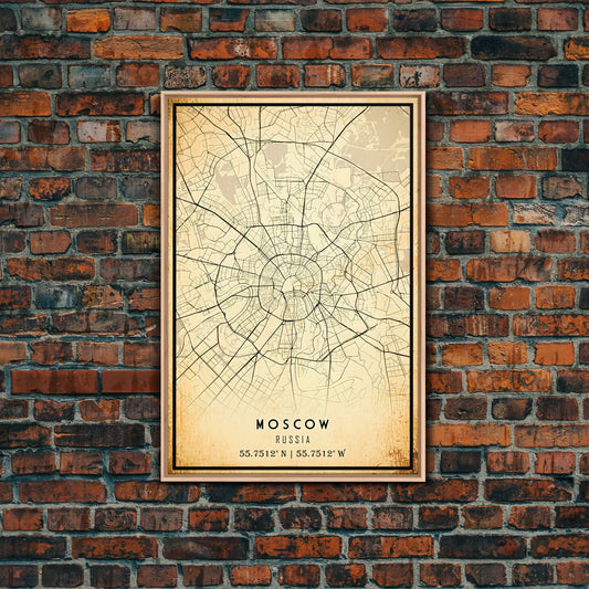 Vintage Style Moscow City Map Wall Art Canvas Print, Distressed Moscow Russia Map, Framed Wall Art, Cool Moscow Travel Wall Art, Office Art