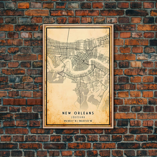 New Orleans map print poster or framed canvas, Louisiana map print poster canvas, New Orleans city map print poster canvas, Vintage Map Art