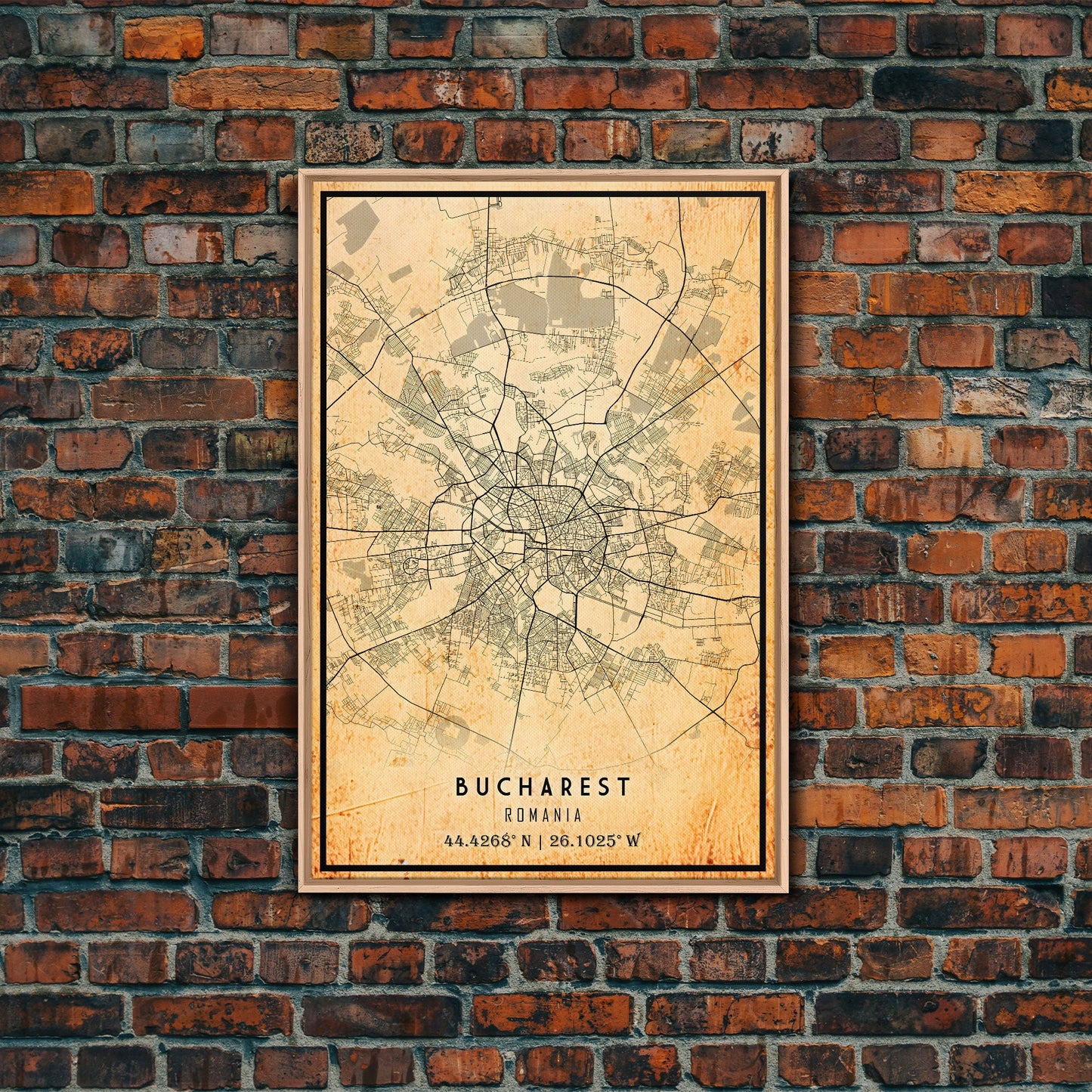 Vintage Style Bucharest City Map Wall Art Canvas Print, Distressed Bucharest Map, Framed Wall Art, Cool RomaniaTravel Wall Art, Office Art