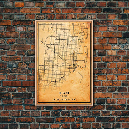 Vintage MIAMI FL Map Art Wall Decor, Framed Canvas, City Map Miami Florida, Art Print Poster, Whimsical Illustration, Distressed Travel Art