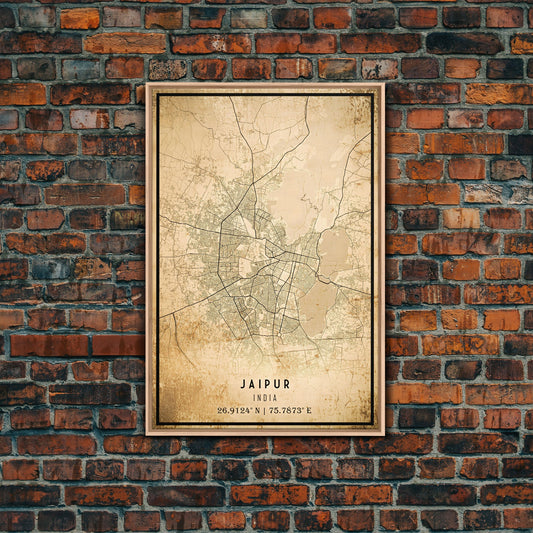 Old Jaipur City Map Wall Art Canvas Print, Vintage Style Jaipur Map, Framed Wall Art, Cool Jaipur India Wall Art, Office Decor