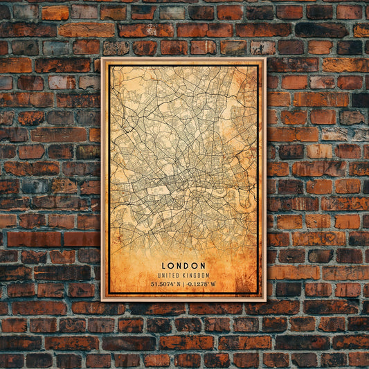 London UK map print poster or framed canvas, London map print poster canvas, London England city map print poster canvas, Vintage Travel Art