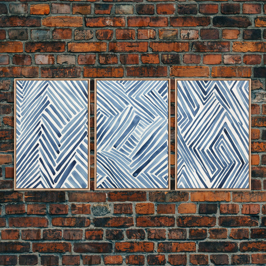 Watercolor Blue Geometric Pastel Line Art, Framed Canvas Print, Minimalist / Abstract Midcentury Modern Art, MCM Art, Living Room Decor