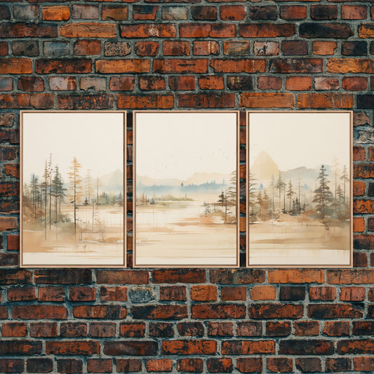 Subdued Watercolor 3 Panel Canvas Wall Art, Watercolor Painting, Pine Tree Forest, Moody Wall Decor