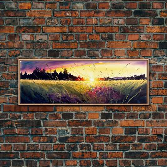 Framed Texas Prairie Sunset Canvas Print - Watercolor Landscape Wall Art - Vibrant Home Decor - Panoramic Landscape Art - Wide Art
