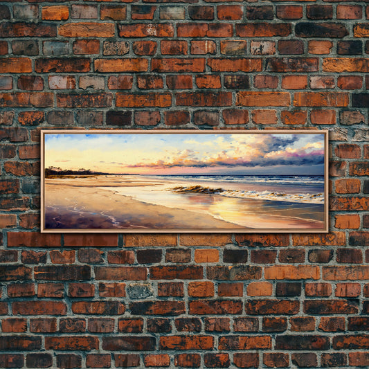 Panoramic Beach Sunset Canvas Print, Watercolor Landscape Framed Art, Whimsical Home Decor, Nature Wall Art, Wide Wall Art
